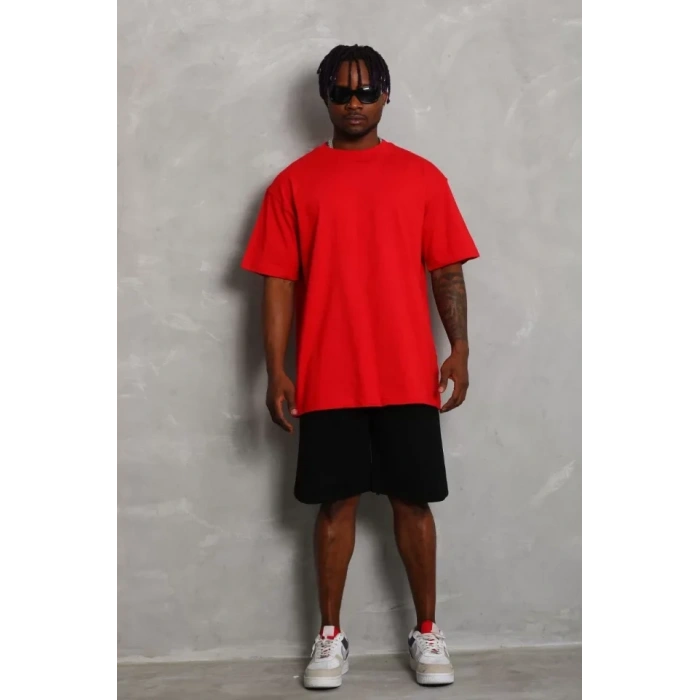 MARSiLYAN- Unisex Oversize Düz Bisiklet Yaka T-Shirt - Kırmızı