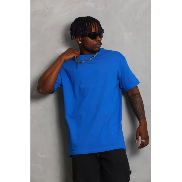 MARSiLYAN- Unisex Oversize Düz Bisiklet Yaka T-Shirt - Mavi