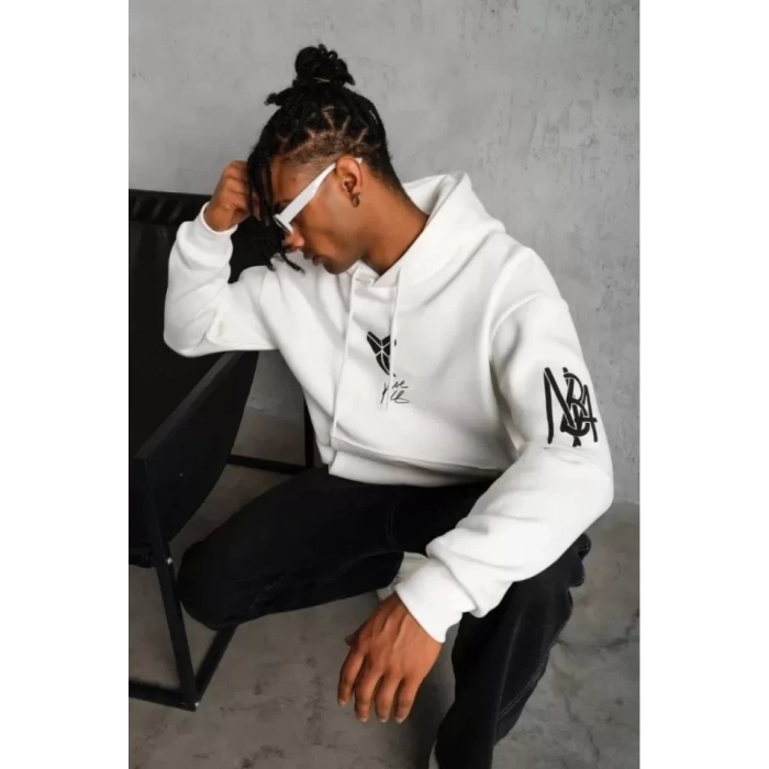 MARSiLYAN- Unisex Sırt Baskılı Kapüşonlu Üç İplik Oversize Sweatshirt - Beyaz