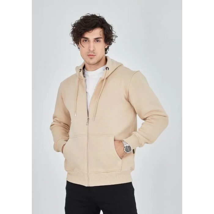 MARSiLYAN- Unisex Tam Fermuarlı Kapşonlu  SweatShirt - Bej