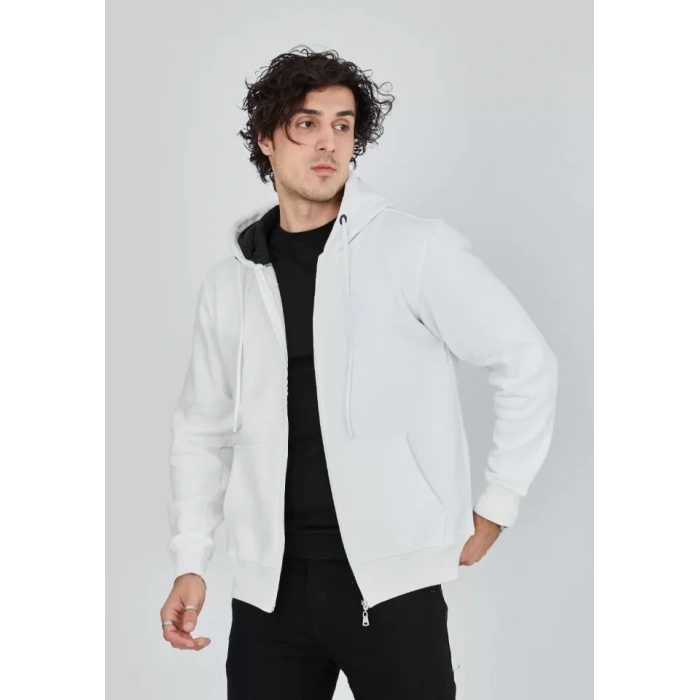 MARSiLYAN- Unisex Tam Fermuarlı Kapşonlu  SweatShirt - Beyaz