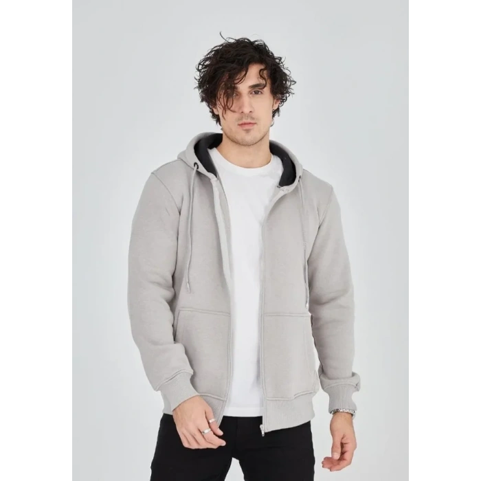 MARSiLYAN- Unisex Tam Fermuarlı Kapşonlu  SweatShirt - Boyalı Gri