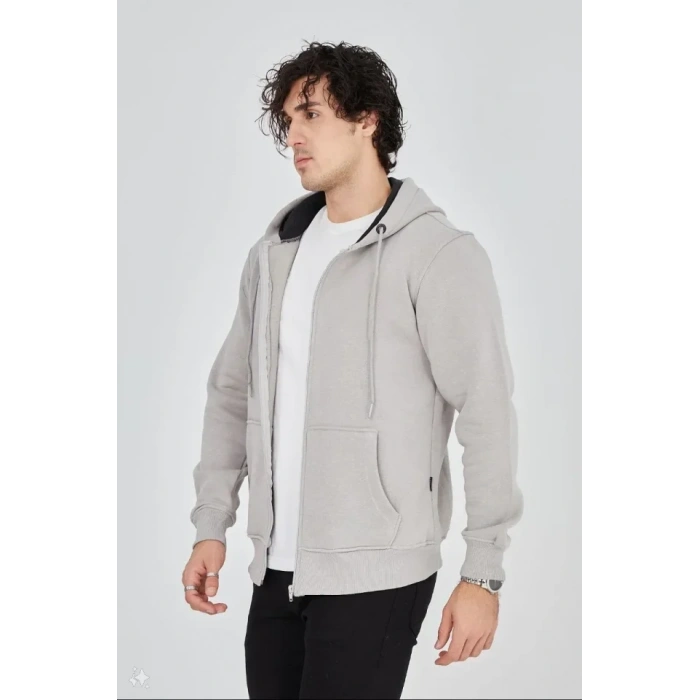 MARSiLYAN- Unisex Tam Fermuarlı Kapşonlu  SweatShirt - Boyalı Gri