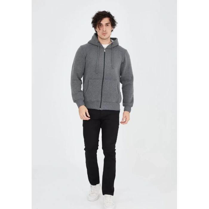 MARSiLYAN- Unisex Tam Fermuarlı Kapşonlu  SweatShirt - Füme