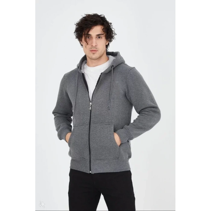 MARSiLYAN- Unisex Tam Fermuarlı Kapşonlu  SweatShirt - Füme