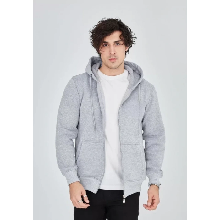 MARSiLYAN- Unisex Tam Fermuarlı Kapşonlu  SweatShirt - Gri