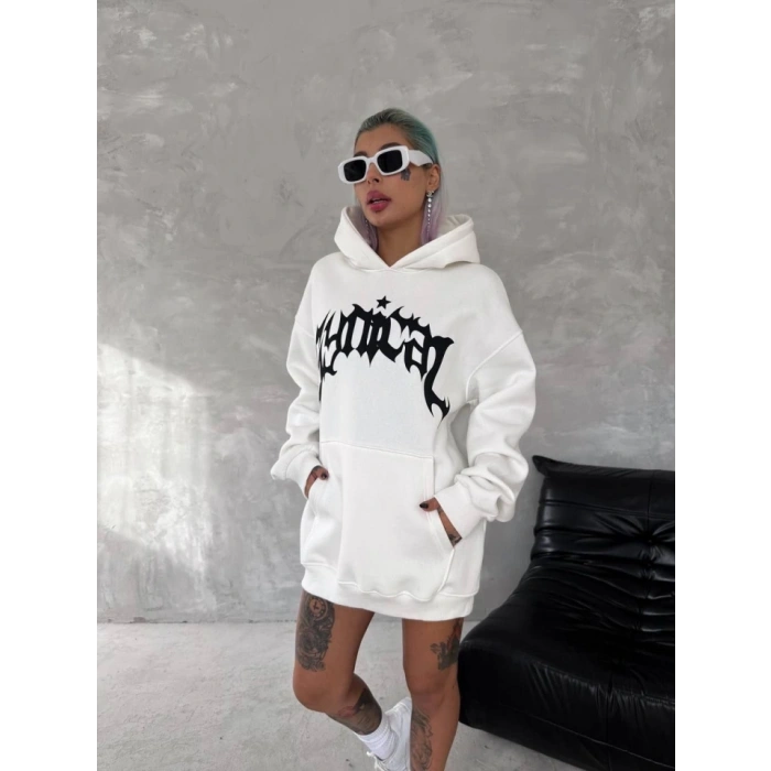 MARSiLYAN- Unisex Üç İplik Kapşonlu Baskılı SweatShirt - Beyaz