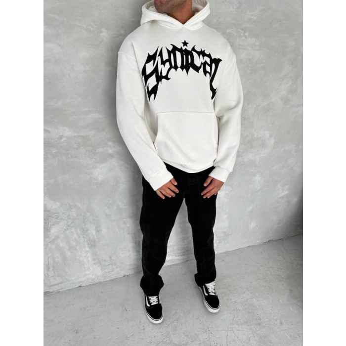 MARSiLYAN- Unisex Üç İplik Kapşonlu Baskılı SweatShirt - Beyaz
