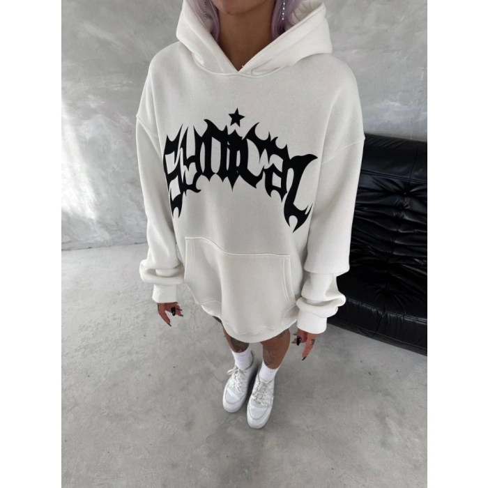 MARSiLYAN- Unisex Üç İplik Kapşonlu Baskılı SweatShirt - Beyaz