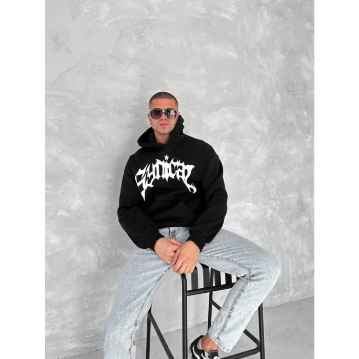 MARSiLYAN- Unisex Üç İplik Kapşonlu Baskılı SweatShirt - Siyah