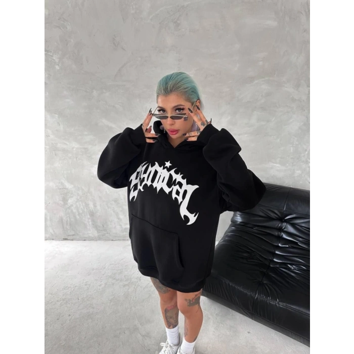 MARSiLYAN- Unisex Üç İplik Kapşonlu Baskılı SweatShirt - Siyah