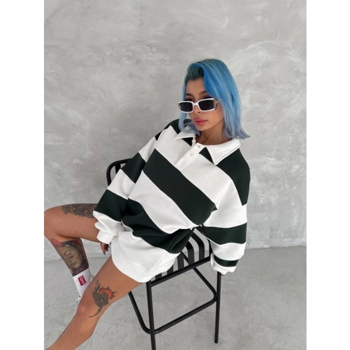 MARSiLYAN- Unisex Üç İplik Parçalı Yakalı SweatShirt - Yeşil