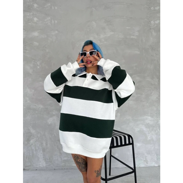 MARSiLYAN- Unisex Üç İplik Parçalı Yakalı SweatShirt - Yeşil