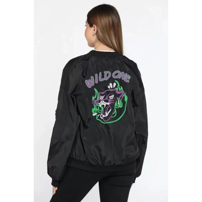 MARSiLYAN- Unisex Uzun Kol Baskılı Bomber Ceket - Siyah