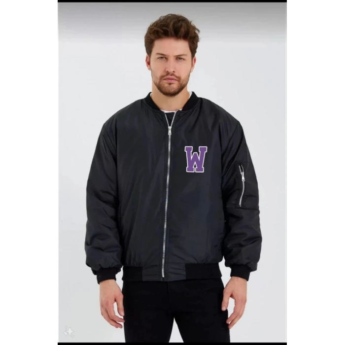 MARSiLYAN- Unisex Uzun Kol Baskılı Bomber Ceket - Siyah