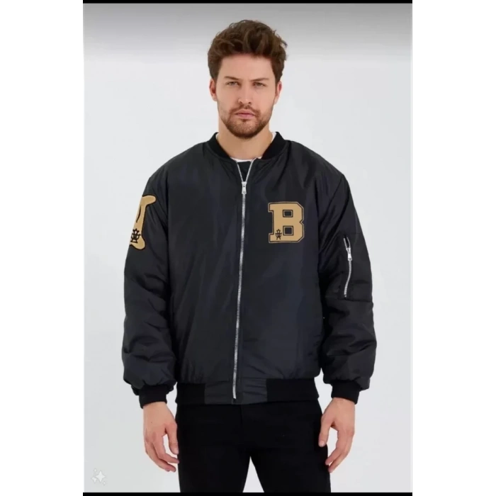 MARSiLYAN- Unisex Uzun Kol Baskılı Bomber Ceket - Siyah