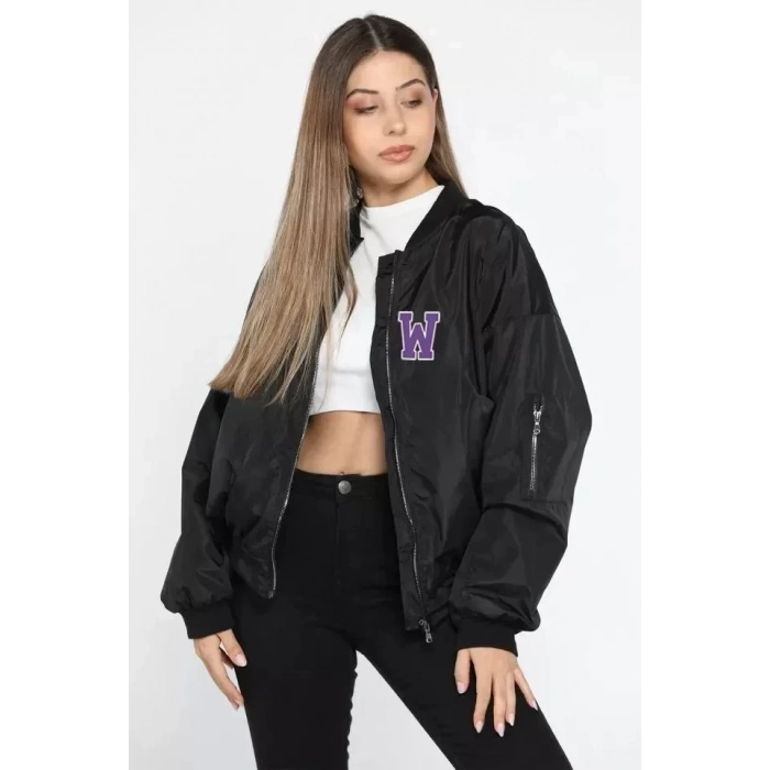 MARSiLYAN- Unisex Uzun Kol Baskılı Bomber Ceket - Siyah