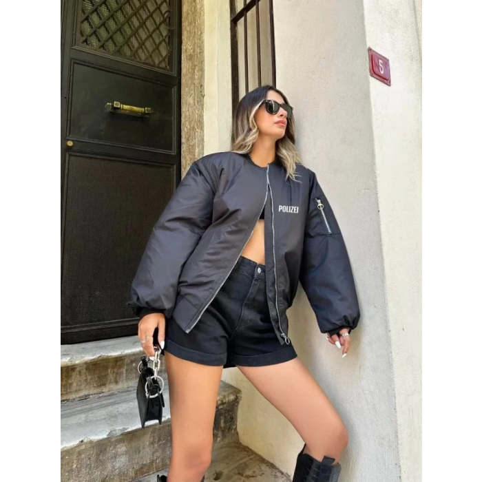 MARSiLYAN- Unisex Uzun Kol Baskılı Bomber Ceket - Siyah