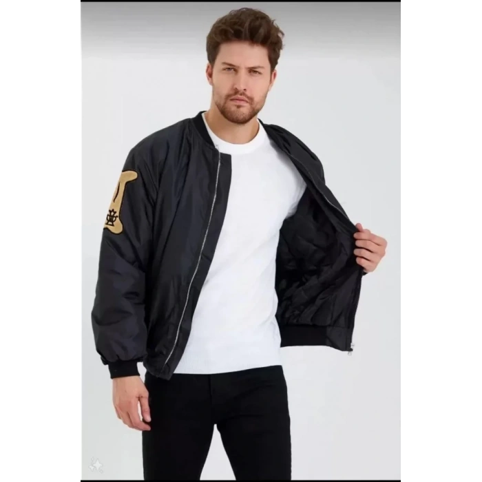 MARSiLYAN- Unisex Uzun Kol Baskılı Bomber Ceket - Siyah