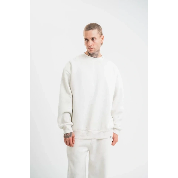 MARSiLYAN- Unisex Uzun Kol Bisiklet Yaka Yıkamalı SweatShirt - Beyaz