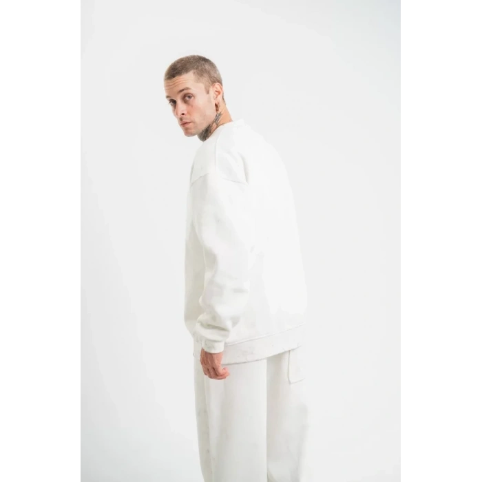 MARSiLYAN- Unisex Uzun Kol Bisiklet Yaka Yıkamalı SweatShirt - Beyaz