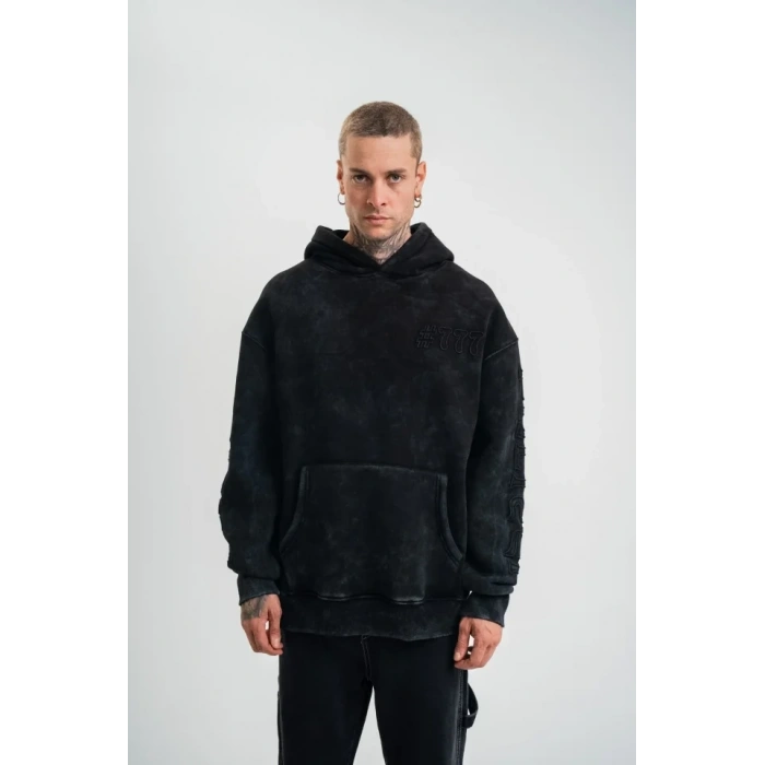 MARSiLYAN- Unisex Uzun Kol Kapşonlu Yıkamalı Nakışlı SweatShirt - Siyah