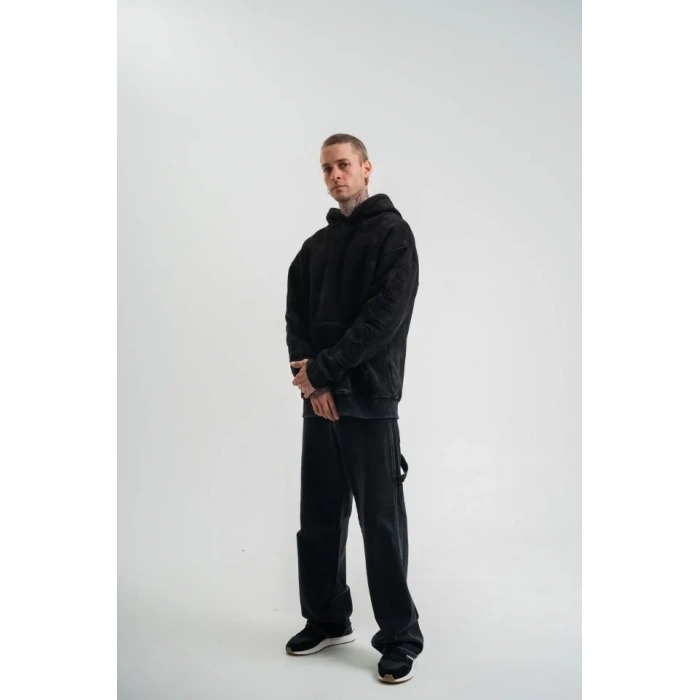 MARSiLYAN- Unisex Uzun Kol Kapşonlu Yıkamalı Nakışlı SweatShirt - Siyah