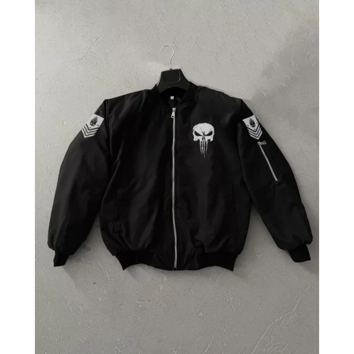 MARSiLYAN- Unisex Uzun Kol Kuru Kafa Baskılı Bomber Ceket - Siyah