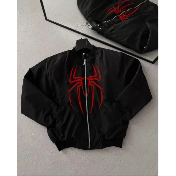 MARSiLYAN- Unisex Uzun Kol Örümcek Baskılı Bomber Ceket - Siyah