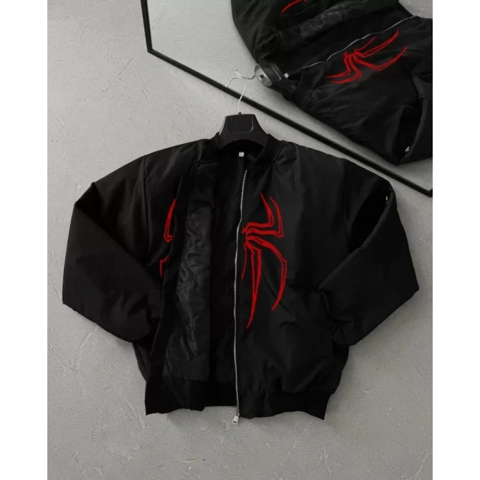 MARSiLYAN- Unisex Uzun Kol Örümcek Baskılı Bomber Ceket - Siyah