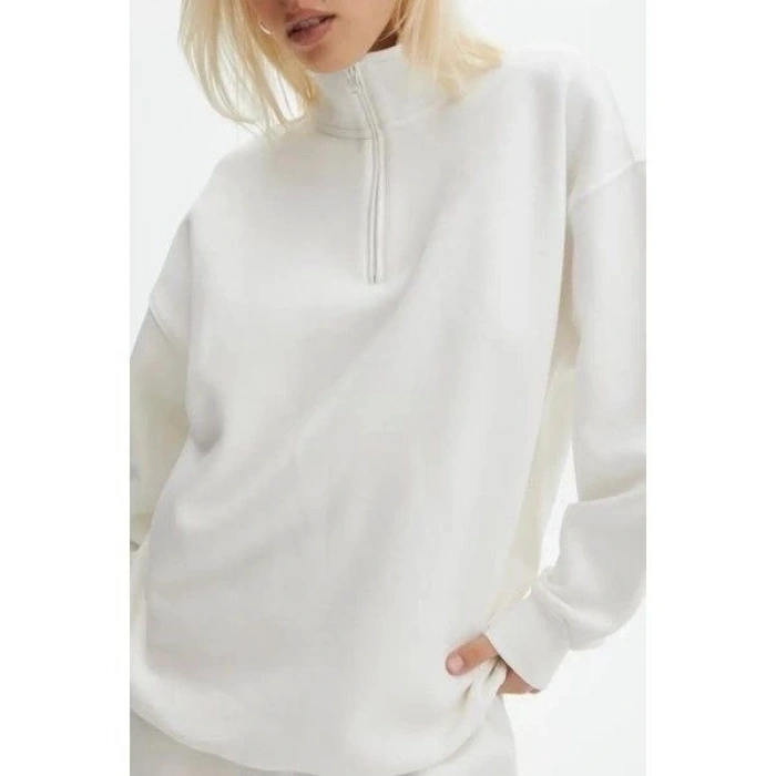 MARSiLYAN- Unisex Uzun Kol Yarım Farmuarlı Yakalı Basic SweatShirt - Beyaz