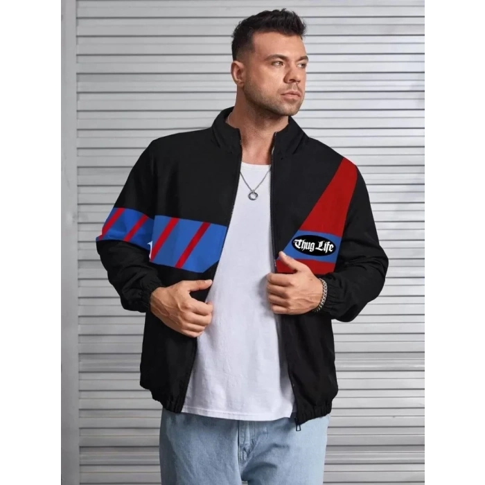 MARSiLYAN- Unisex Uzun Koll Fermuarlı Baskılı Rüzgarlik - Siyah