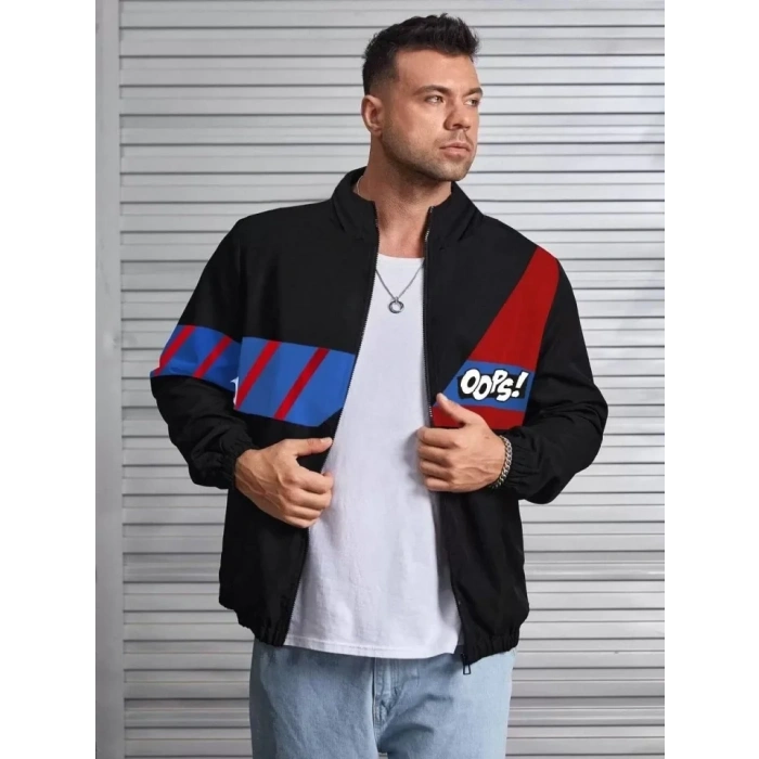 MARSiLYAN- Unisex Uzun Koll Fermuarlı Baskılı Rüzgarlik - Siyah