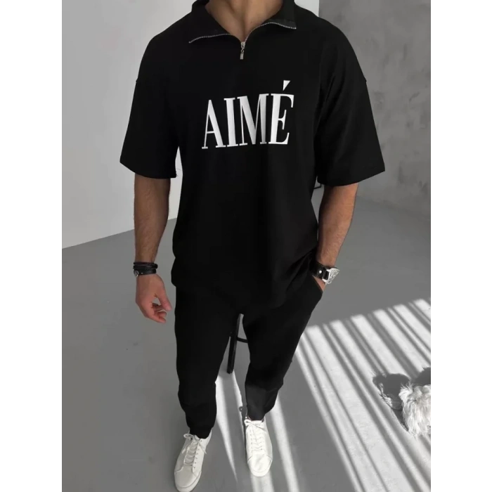 MARSiLYAN- Unisex Yarım Fermuarlı Baskılı T-Shirt - Siyah