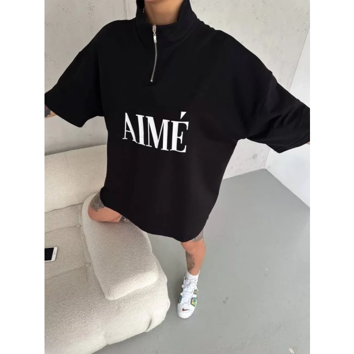 MARSiLYAN- Unisex Yarım Fermuarlı Baskılı T-Shirt - Siyah