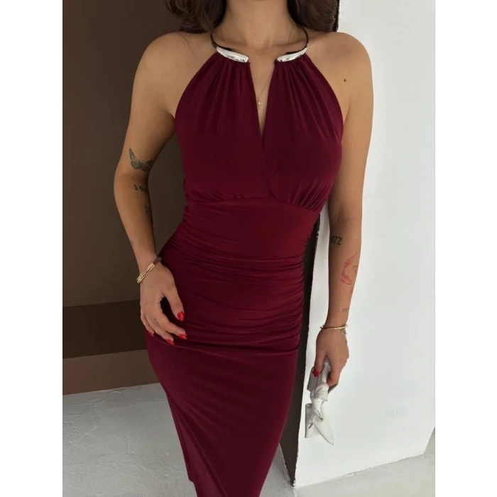 MARSiLYAN- Uzun Abiye Elbise Yırtmaçlı Sırt Dekolteli Şık Gece Elbisesi - Bordo