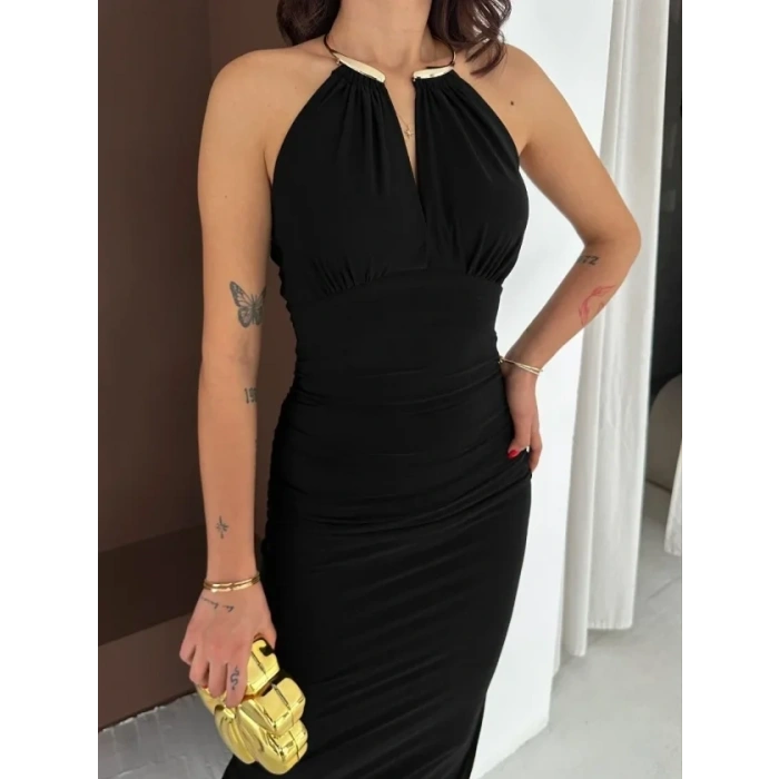 MARSiLYAN- Uzun Abiye Elbise Yırtmaçlı Sırt Dekolteli Şık Gece Elbisesi - Siyah