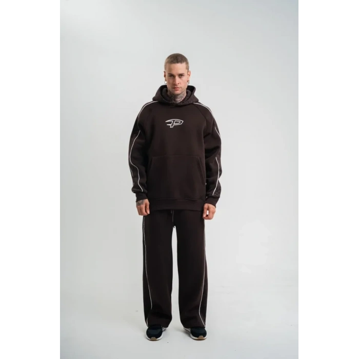 MARSiLYAN- Uzun Kol Kapşonlu Ara Biyeli Baggy Eşofman Takım - Kahve