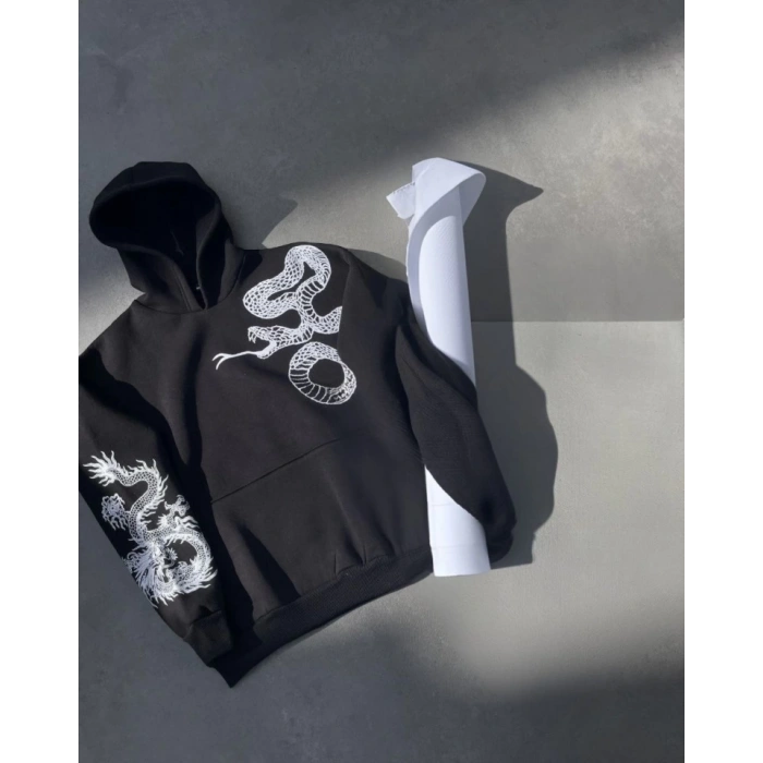 MARSiLYAN- Uzun Kol Kapşonlu Baskılı SweatShirt - Siyah