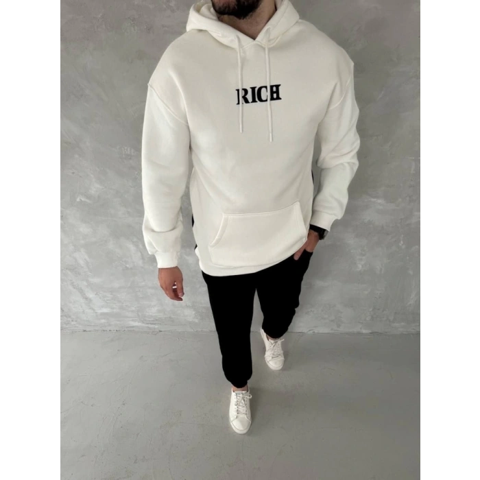 MARSiLYAN- Uzun Kol Kapşonlu Göğüs Baskılı SweatShirt - Beyaz