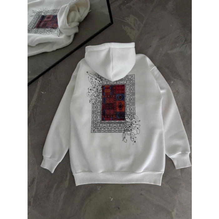 MARSiLYAN- Uzun Kol Kapşonlu Ön Ve Arka Baskılı SweatShirt - Beyaz