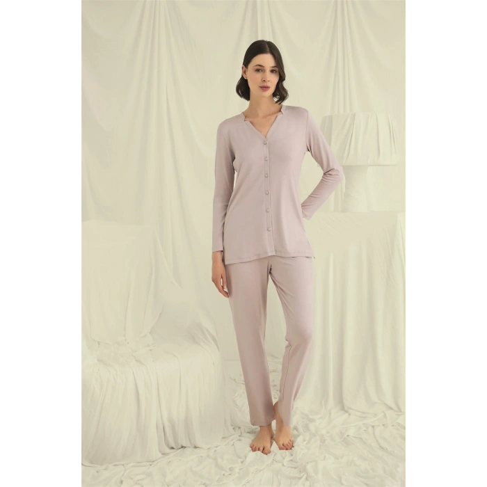 MARSiLYAN-  Uzun Kollu Boydan Düğmeli V Yaka Pijama Takımı