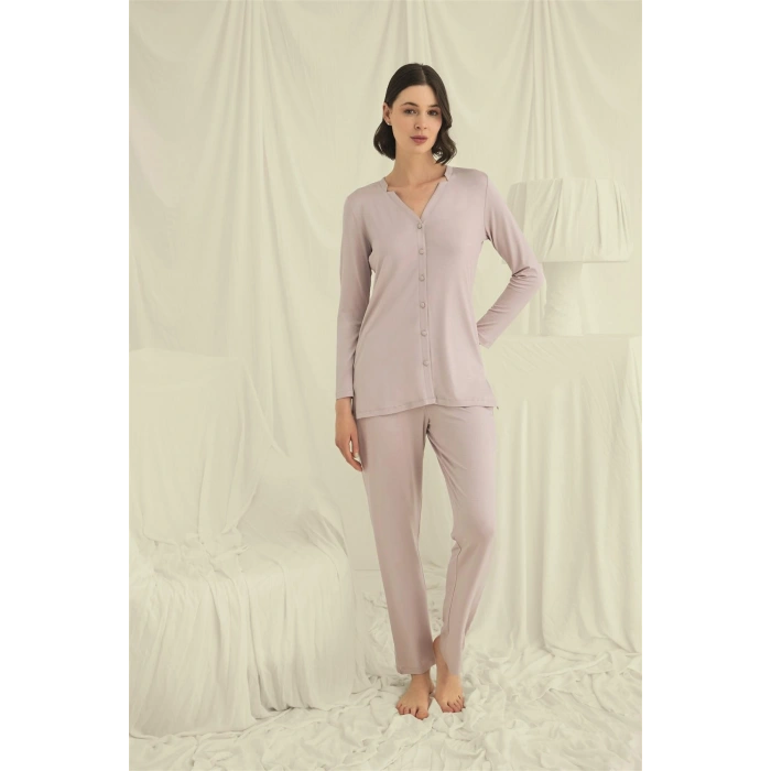 MARSiLYAN-  Uzun Kollu Boydan Düğmeli V Yaka Pijama Takımı