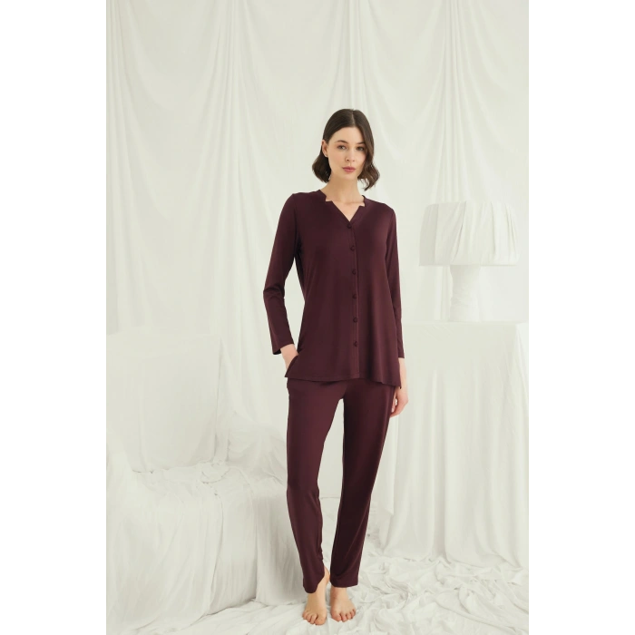 MARSiLYAN-  Uzun Kollu Boydan Düğmeli V Yaka Pijama Takımı