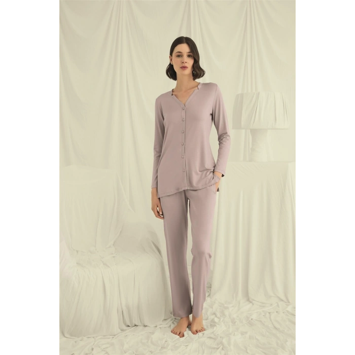 MARSiLYAN-  Uzun Kollu Boydan Düğmeli V Yaka Pijama Takımı