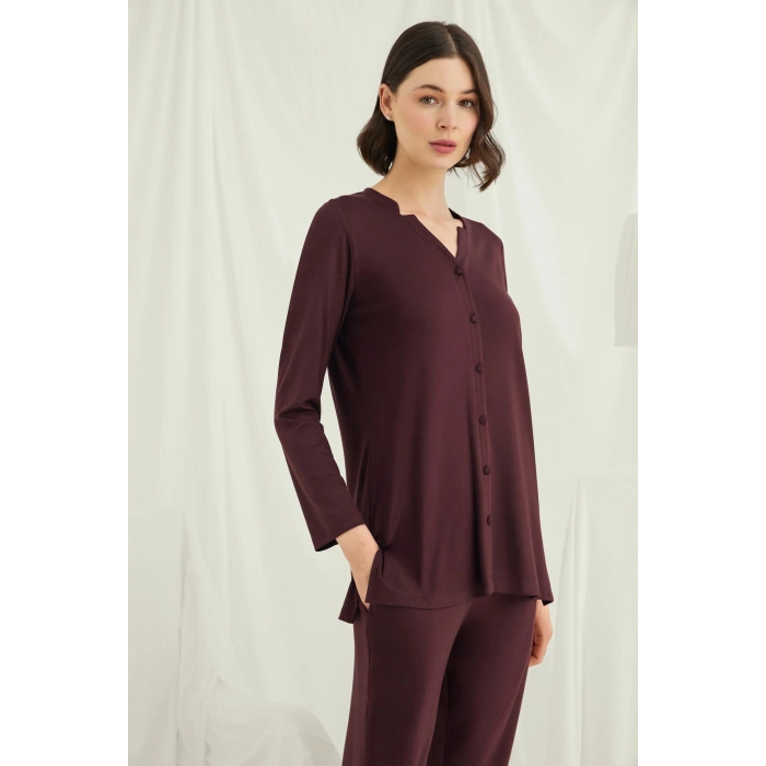 MARSiLYAN- Uzun Kollu Boydan Düğmeli V Yaka Pijama Takımı