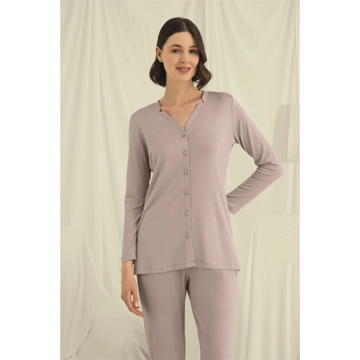 MARSiLYAN-  Uzun Kollu Boydan Düğmeli V Yaka Pijama Takımı