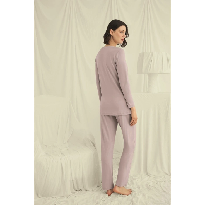 MARSiLYAN-  Uzun Kollu Boydan Düğmeli V Yaka Pijama Takımı