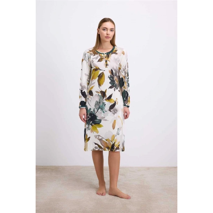 MARSiLYAN-  Uzun Kollu Çiçek Desenli Lenzing Viskon, Düğmeli Yaka Detaylı Gecelik