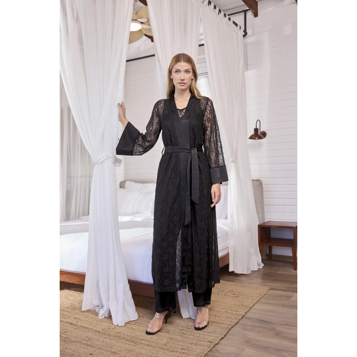 MARSiLYAN-  Uzun Kollu Dantelli ve Kuşaklı Sabahlık